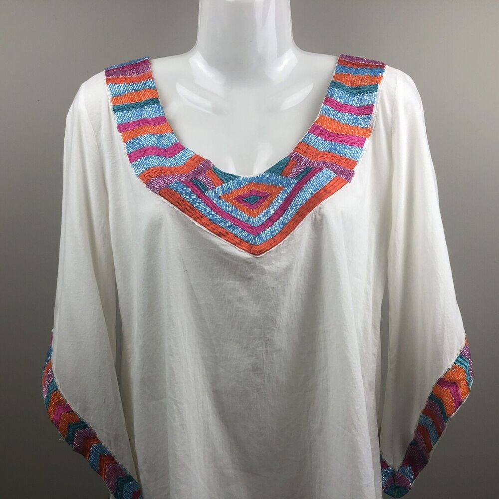 Mud Pie Tunic Women M (8-10) White Embellished 100% Cotton Coverup Top Boho - Picture 12 of 12